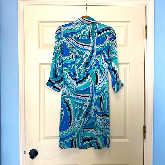 Boston Proper 100% Silk Blue, Green, White, and Black Printed Dress Size 2 - Picture 5 of 7